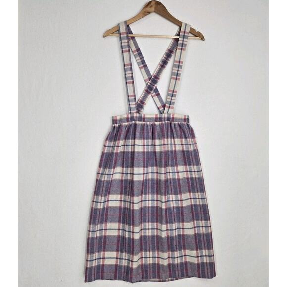 VTG Wool Blend Jumper Skirt Dress Straps Suspenders Purple Pink White Plaid - Picture 15 of 15